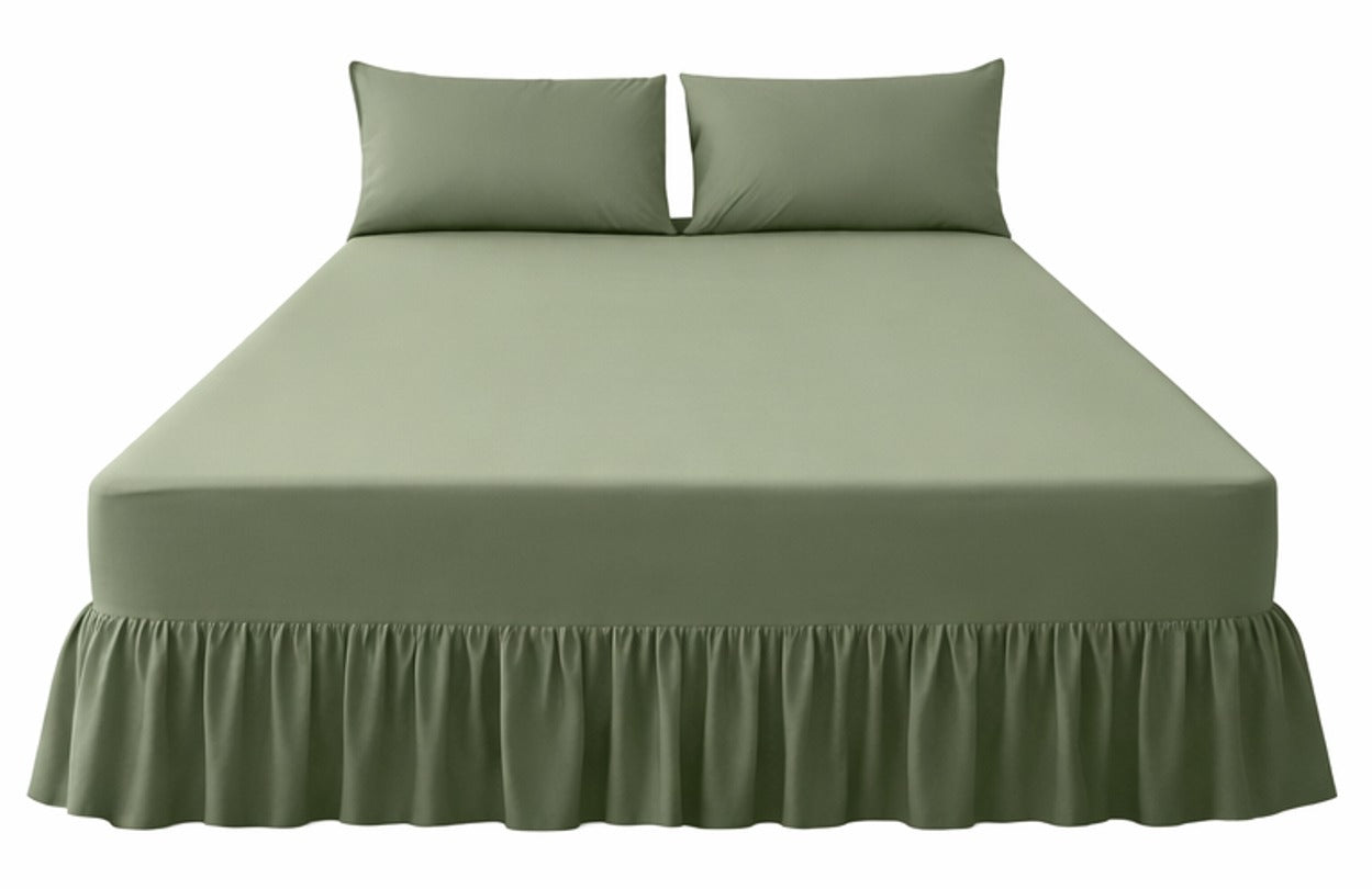 Combo Bed Sheet + Night Frill + 2Pk Pillowcases  - Olive Green