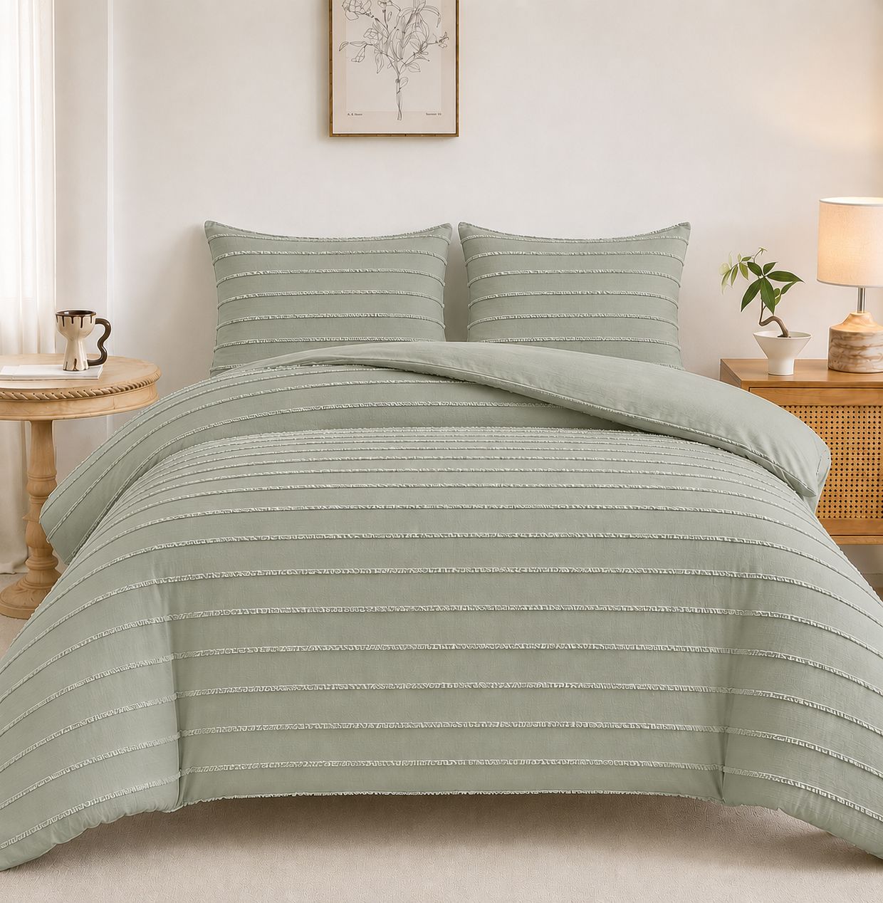 Tufted Stripe Duvet Cover - Sage Green