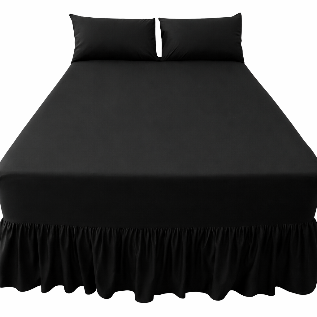 Combo Bed Sheet + Night Frill + 2Pk Pillowcases  - Black